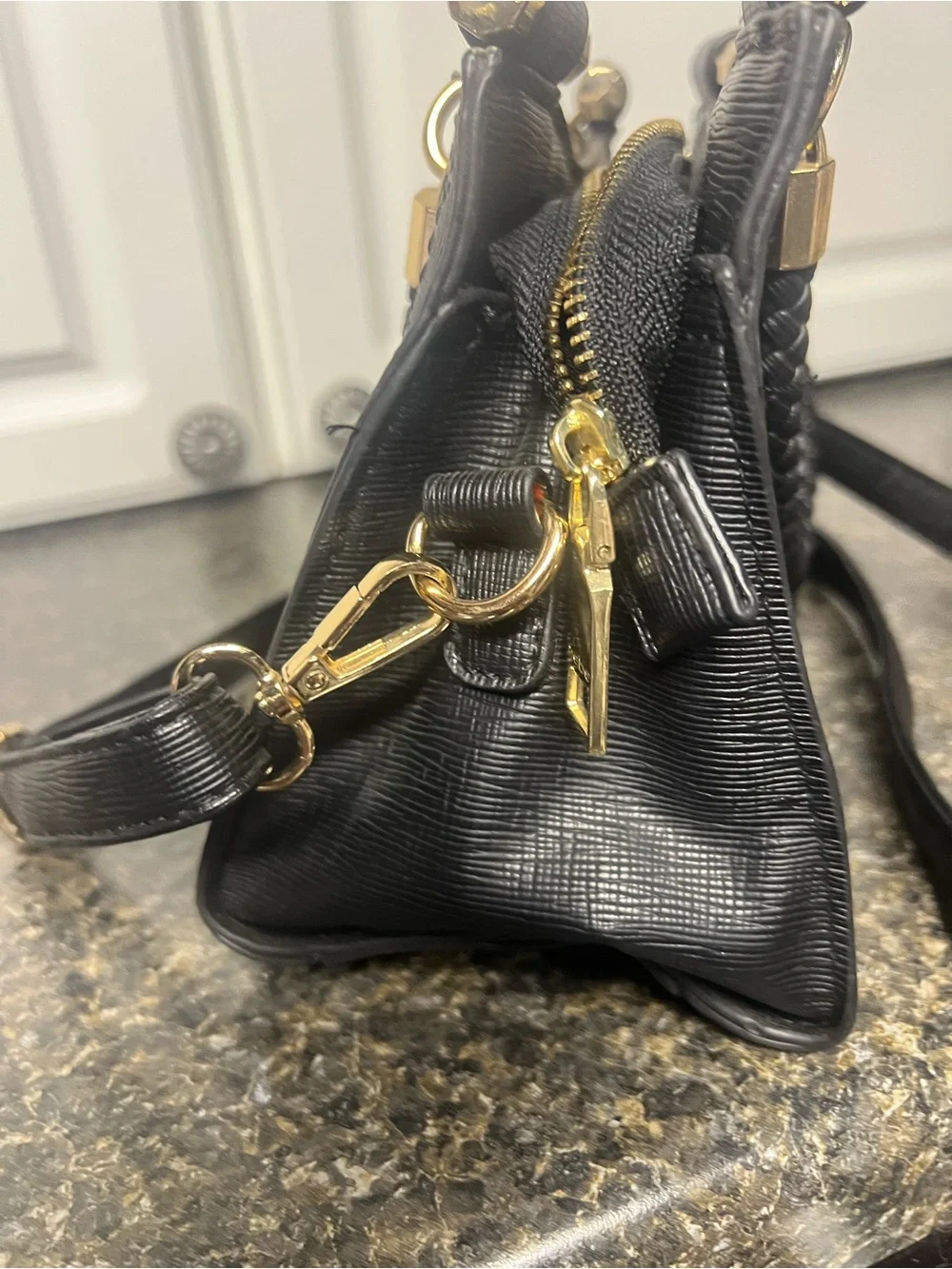 bebe Black Embossed Logo Satchel with Gold Plaque